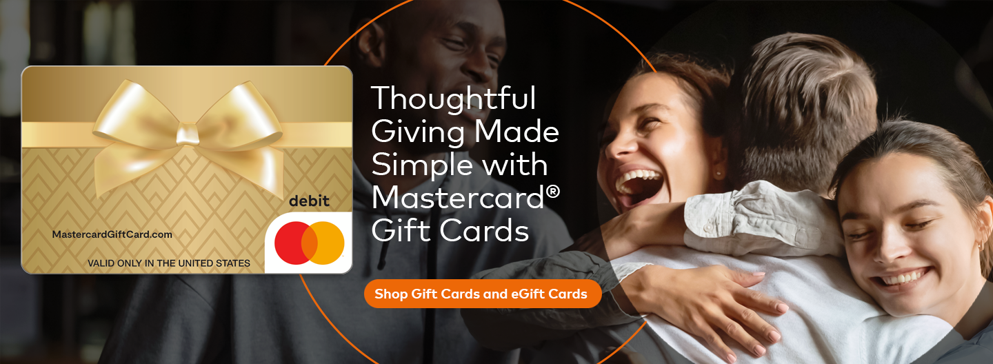 A banner of a family hugging with a Mastercard gift card on the left side