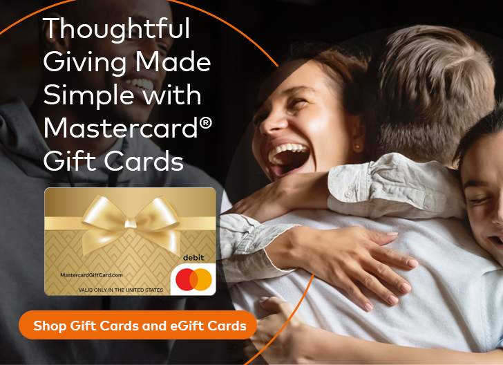 A banner of a family hugging with a Mastercard gift card on the left side