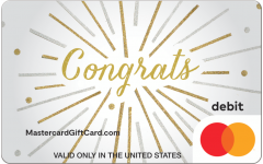 A Mastercard gift card with the word "congrats" on it